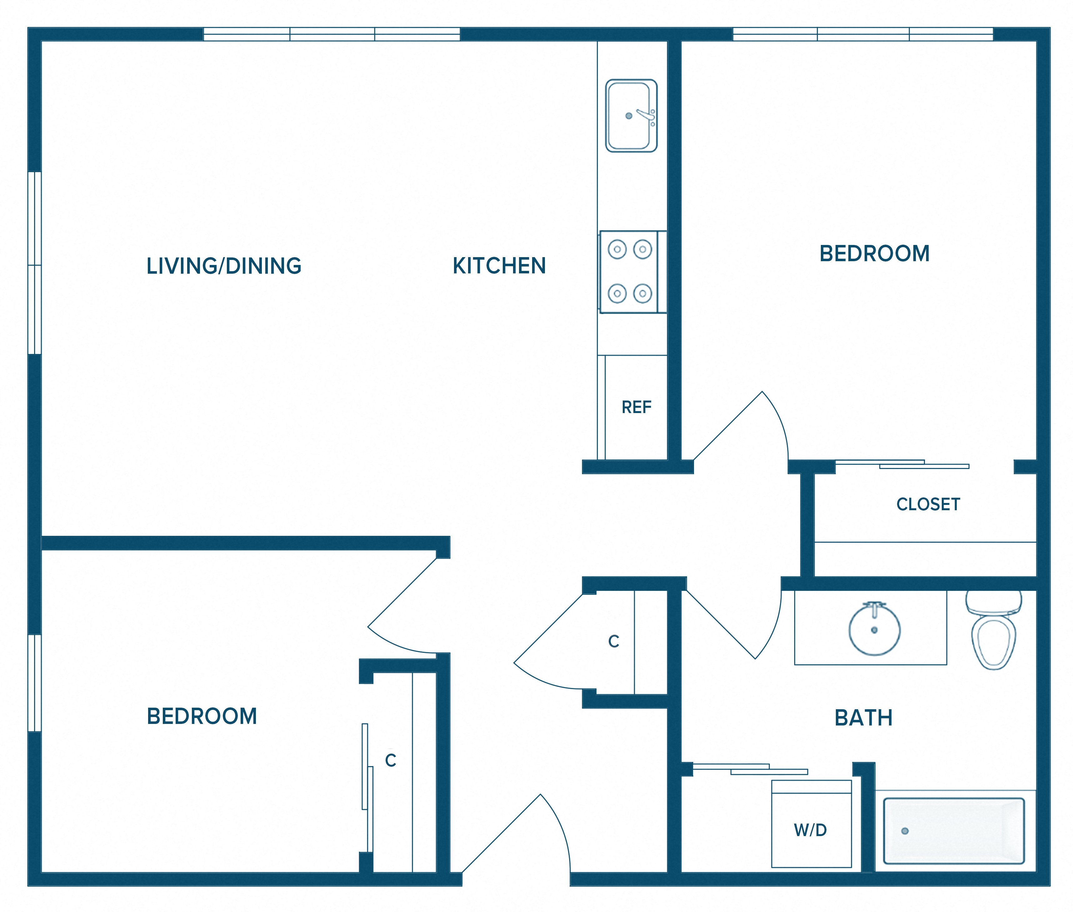 Floor plan for 2 beds, 1 bath, 924 sqft