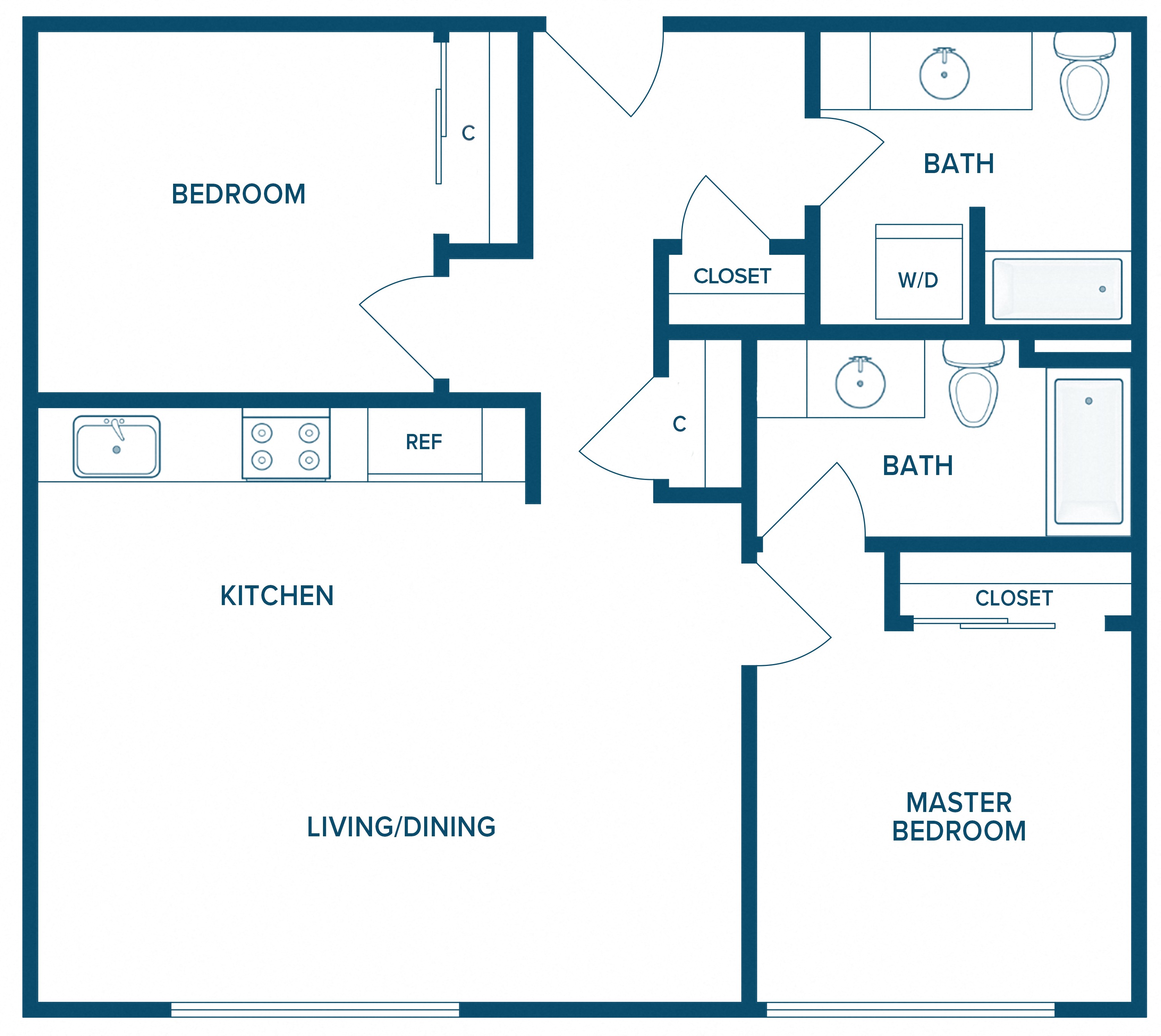 Floor plan for 2 beds, 2 baths, 1032 sqft