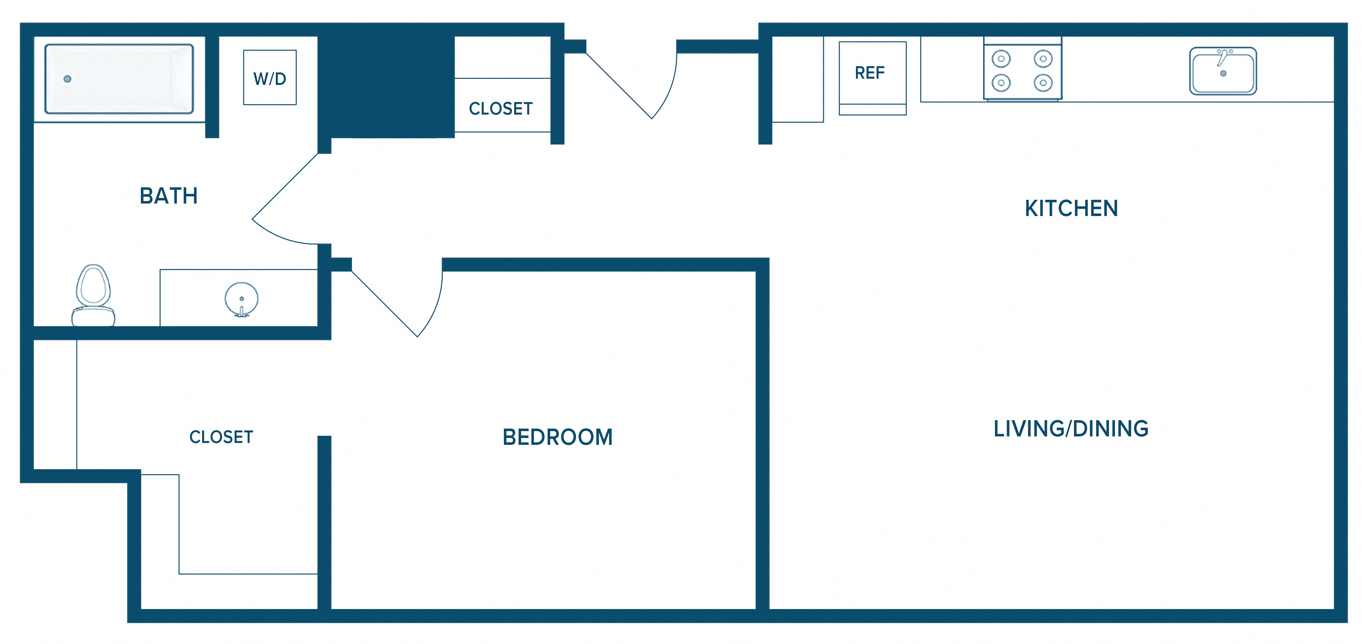 Floor plan for 1 bed, 1 bath, 768 sqft