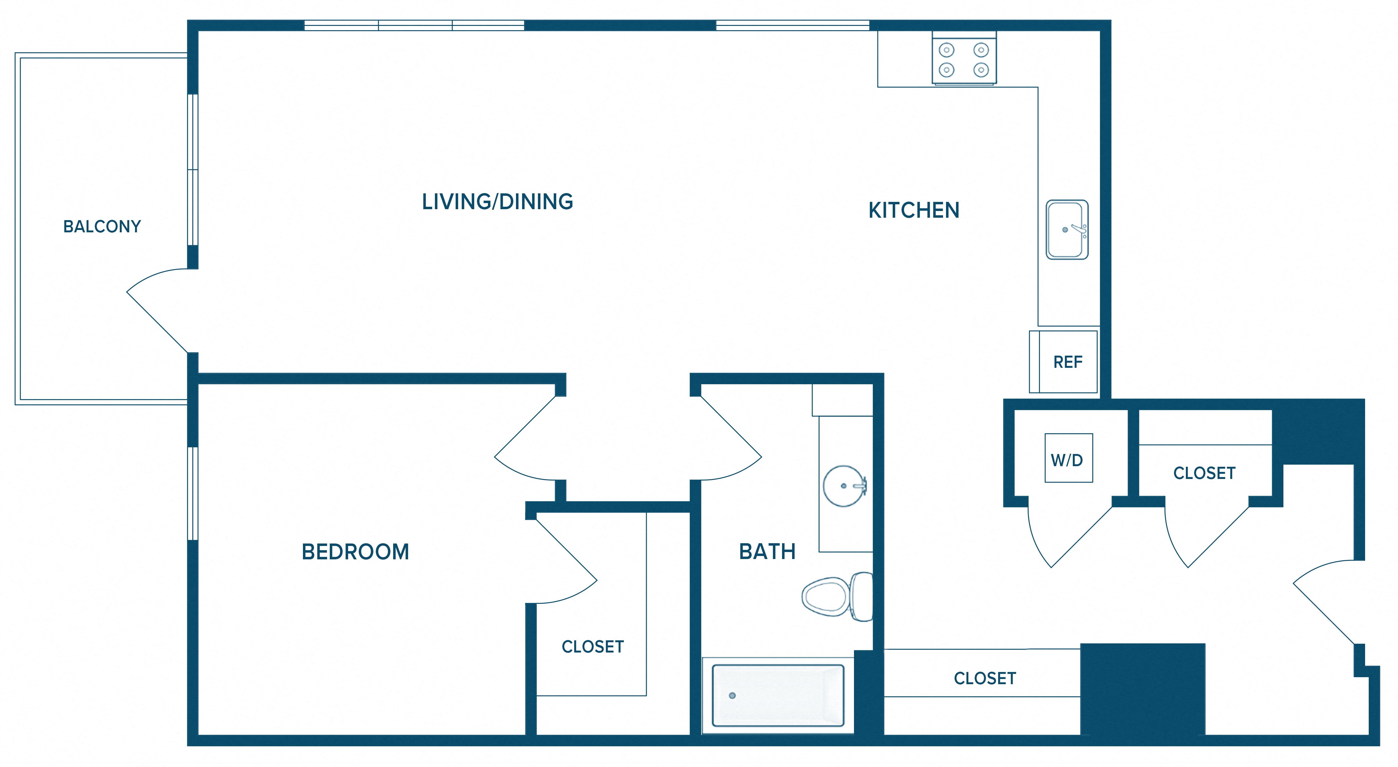 Floor plan for 1 bed, 1 bath, 942 sqft