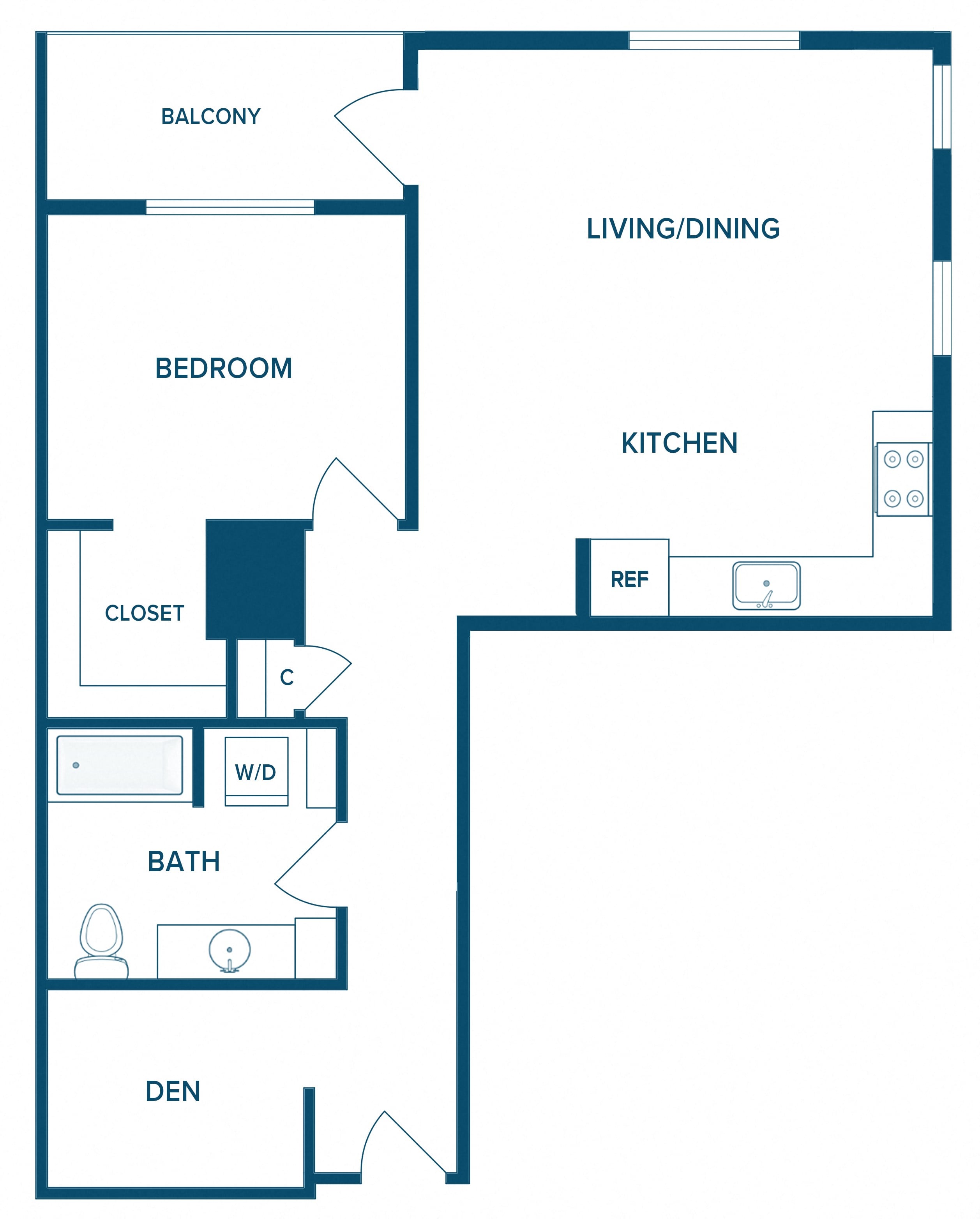 Floor plan for 1 bed, 1 bath, 904 sqft