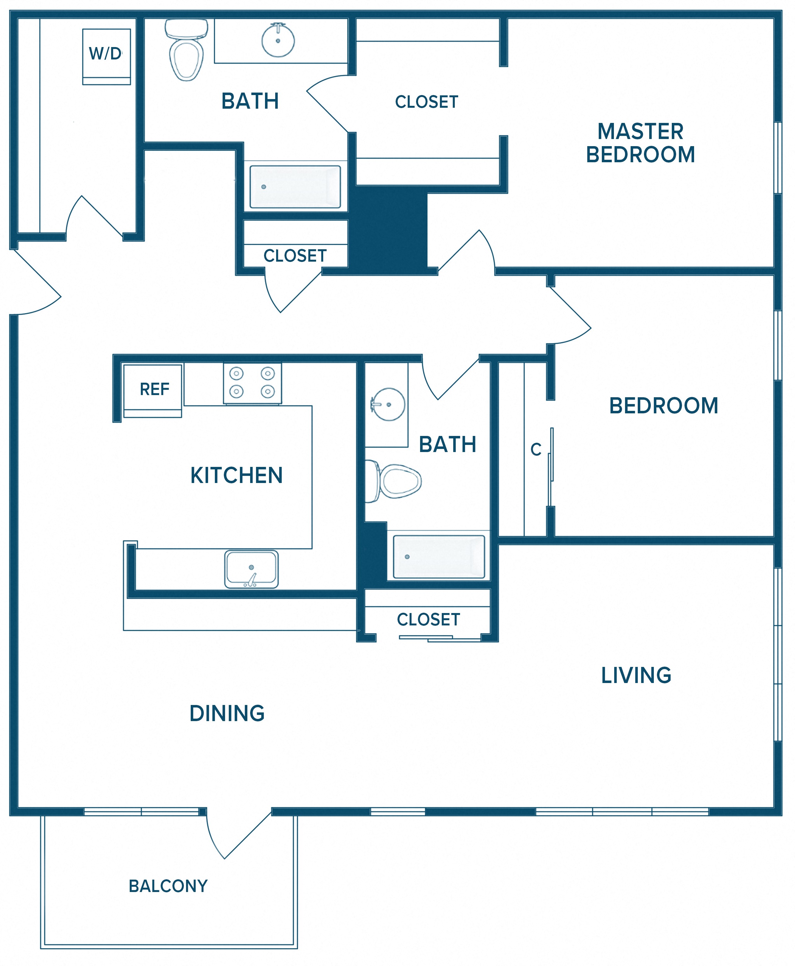 Floor plan for 2 beds, 2 baths, 1433 sqft