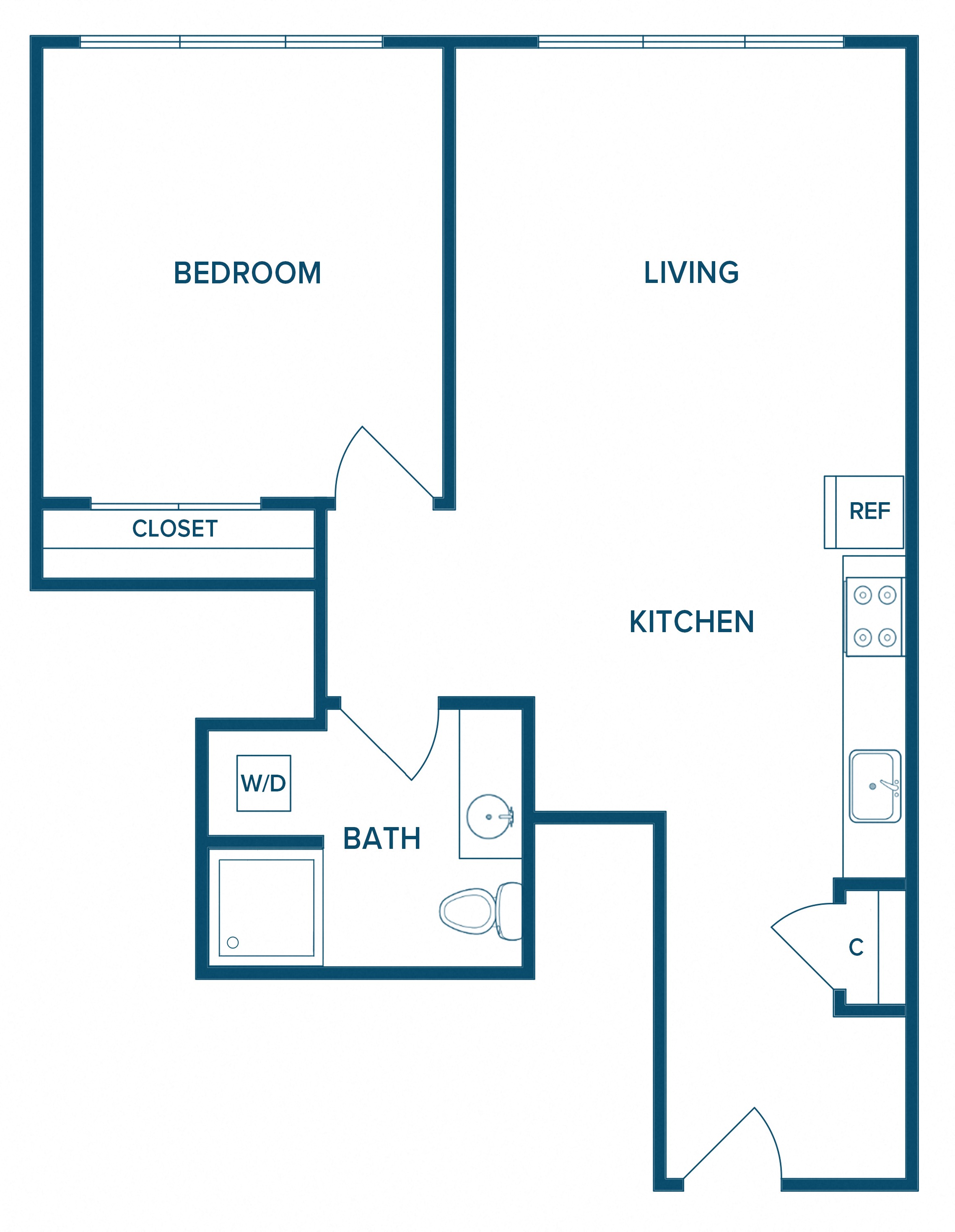 Floor plan for 1 bed, 1 bath, 645 sqft
