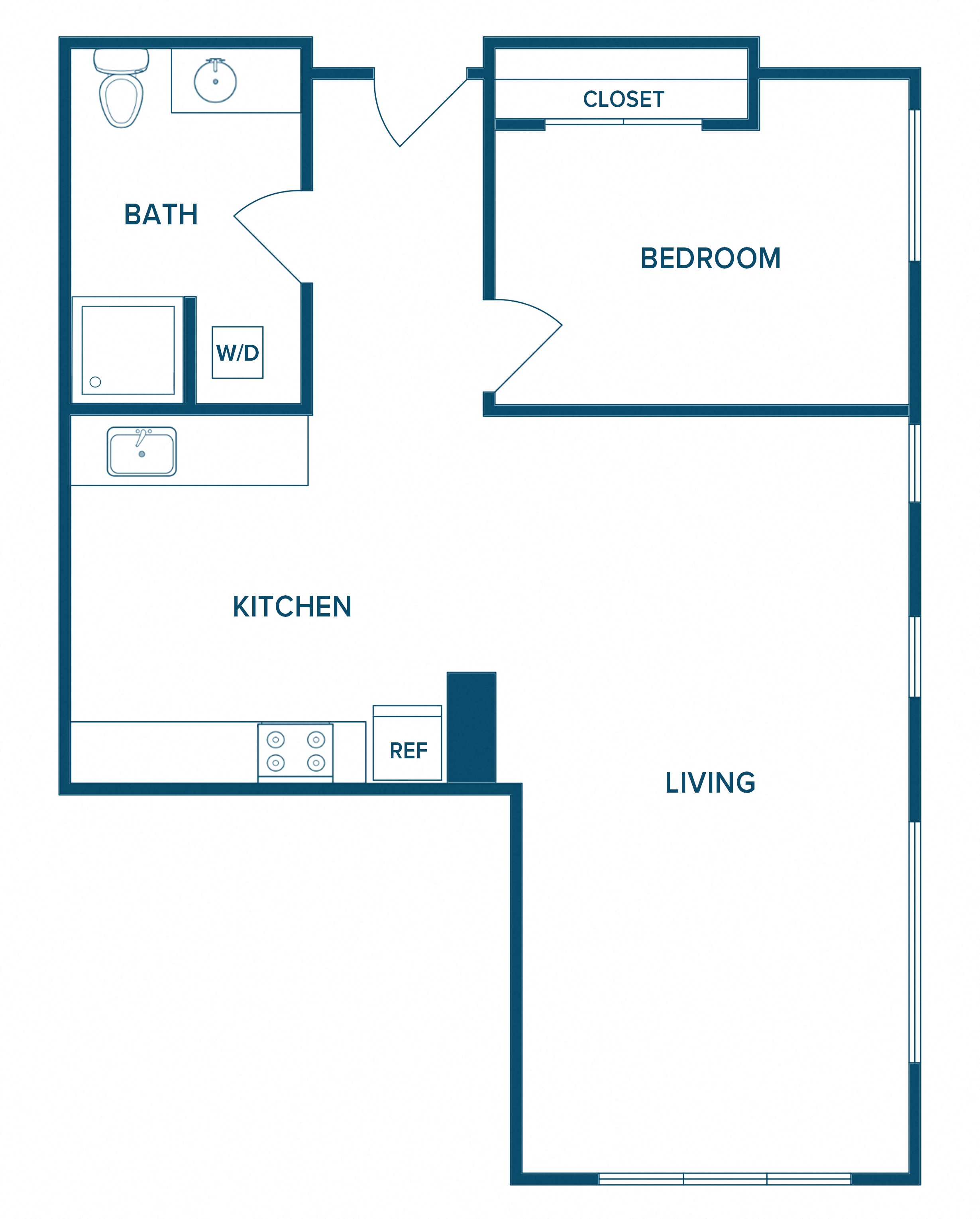 Floor plan for 1 bed, 1 bath, 750 sqft