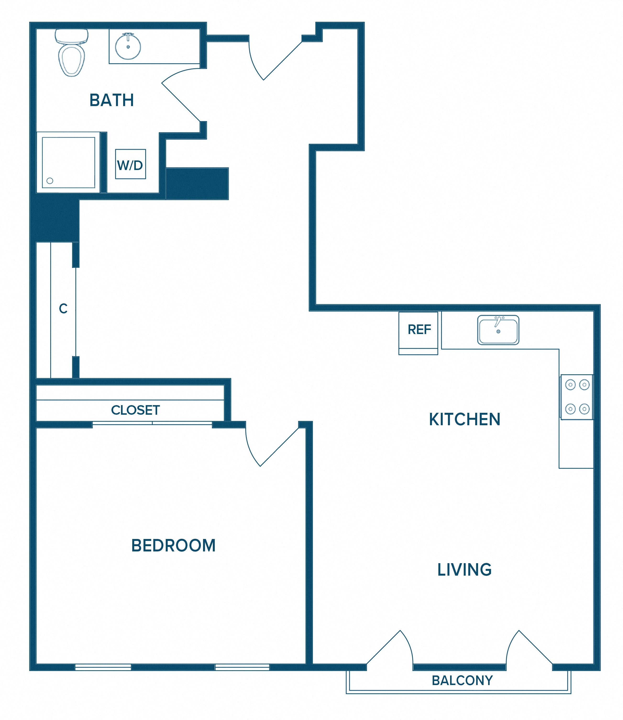Floor plan for 1 bed, 1 bath, 865 sqft