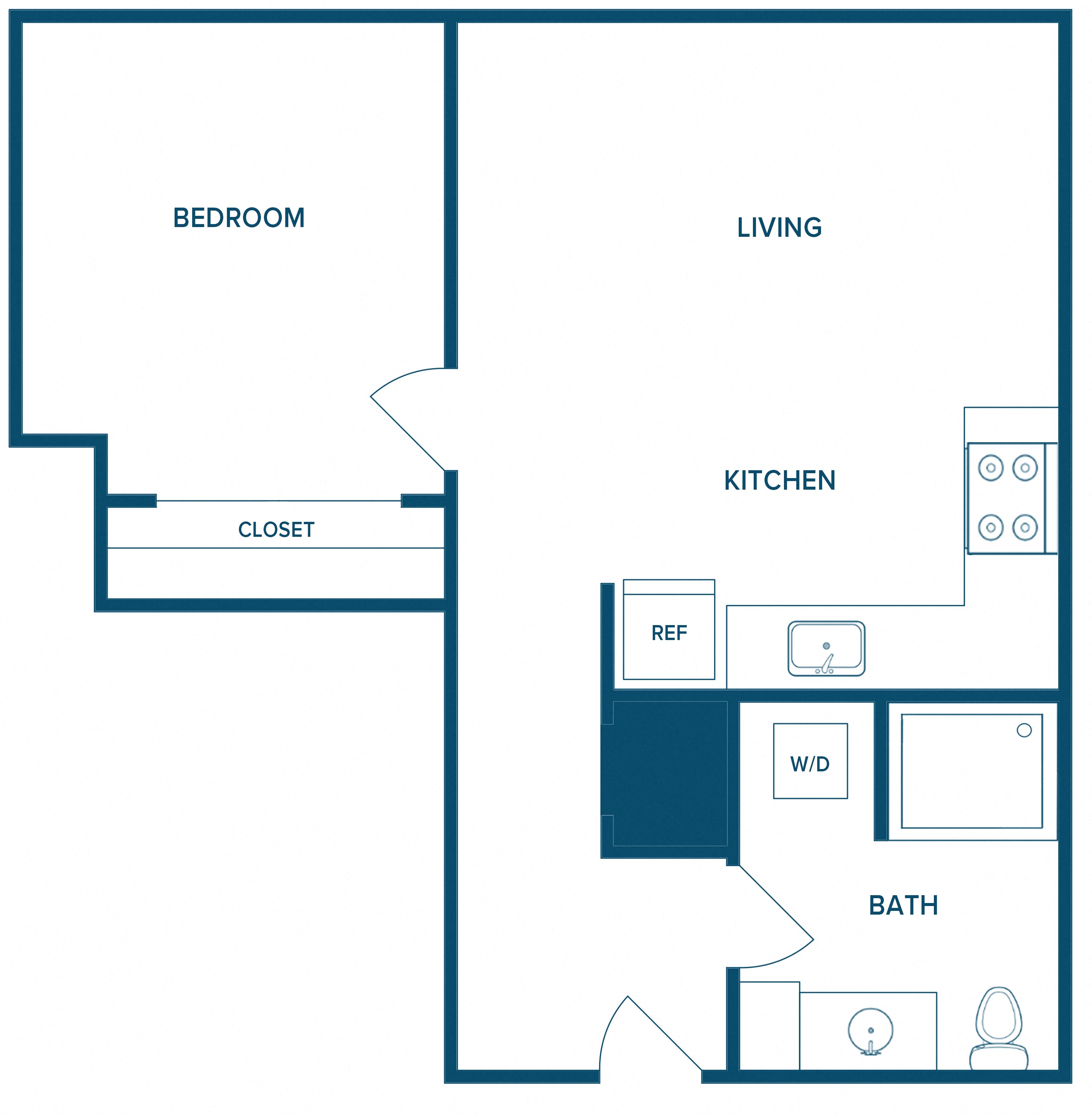 Floor plan for 1 bed, 1 bath, 630 sqft