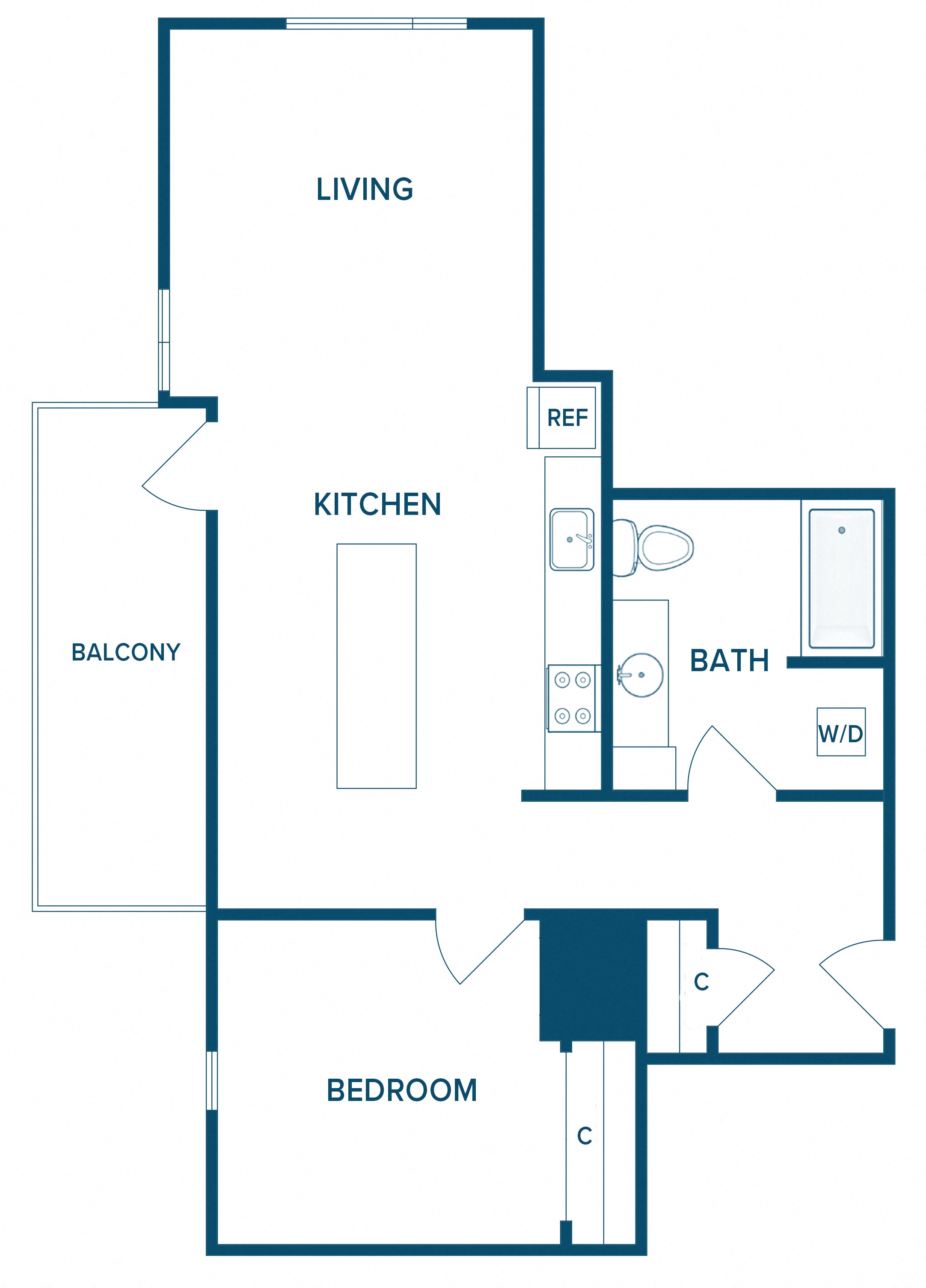 Floor plan for 1 bed, 1 bath, 728 sqft