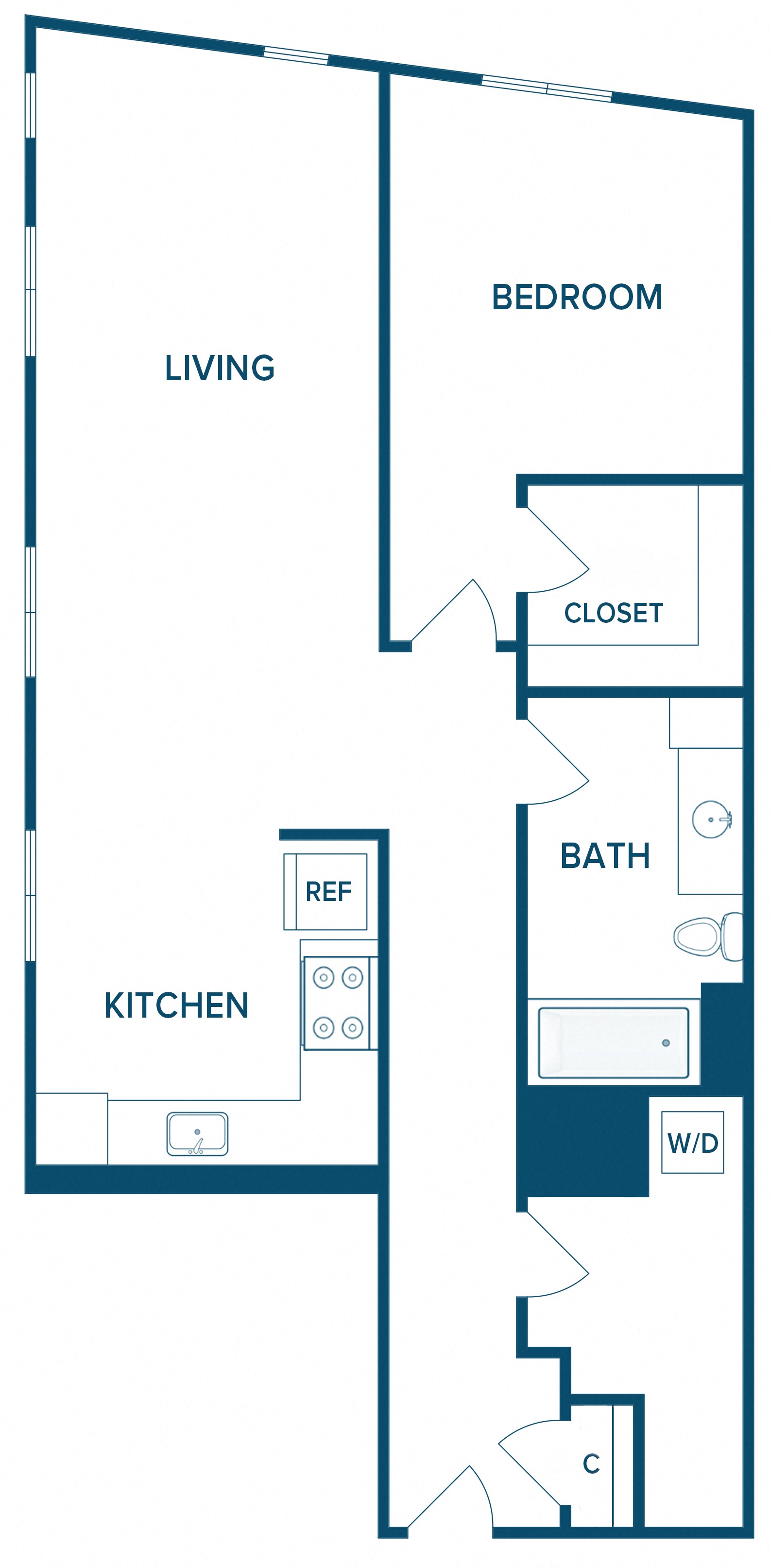 Floor plan for 1 bed, 1 bath, 975 sqft