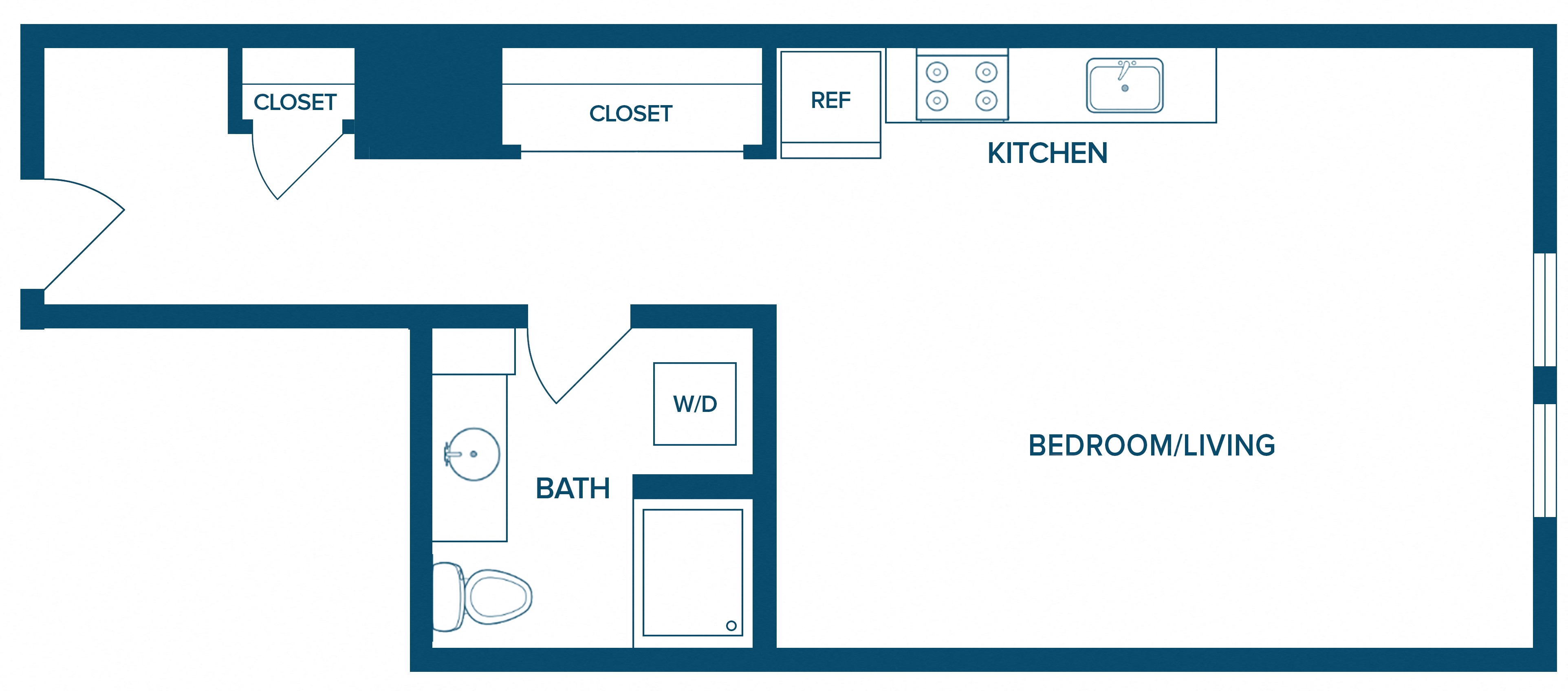 Floor plan for studio, 1 bath, 649 sqft
