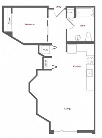 Floor plan for 1 bed, 1 bath, 659 sqft