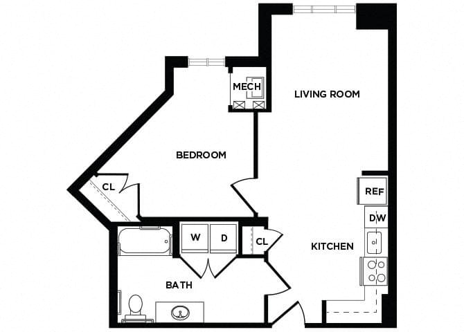 Floor plan for 1 bed, 1 bath