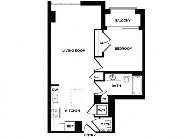 Floor plan for 1 bed, 1 bath, 714 sqft