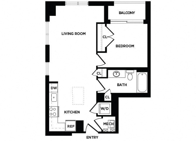 Floor plan for 1 bed, 1 bath, 715 sqft