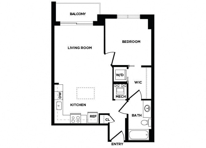 Floor plan for 1 bed, 1 bath, 716 sqft