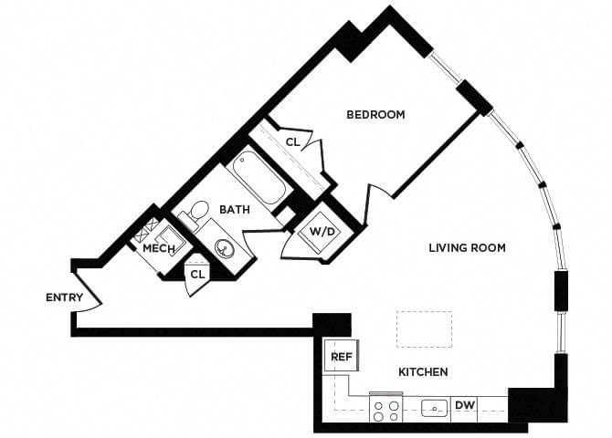 Floor plan for 1 bed, 1 bath, 719 sqft