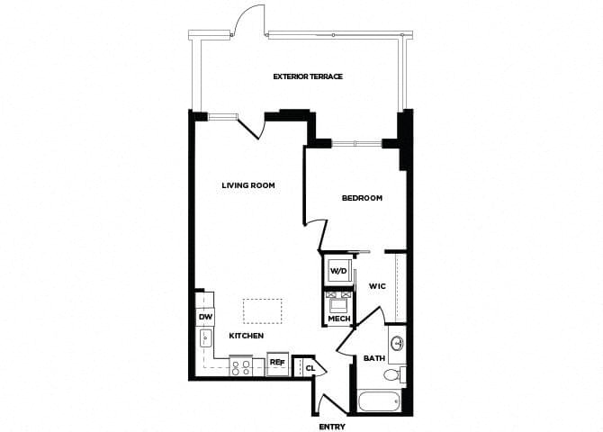 Floor plan for 1 bed, 1 bath, 722 sqft