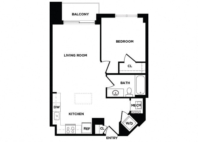 Floor plan for 1 bed, 1 bath, 754 sqft