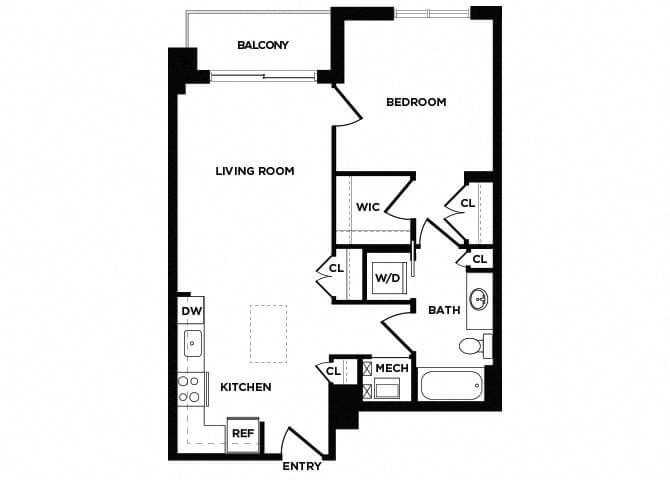 Floor plan for 1 bed, 1 bath, 758 sqft