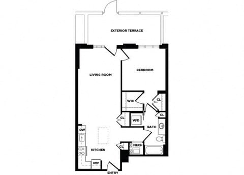 Floor plan for 1 bed, 1 bath, 764 sqft
