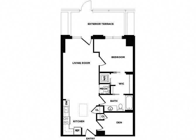 Floor plan for 1 bed, 1 bath, 804 sqft