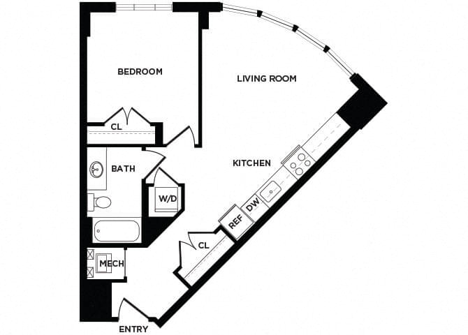Floor plan for 1 bed, 1 bath, 641 sqft