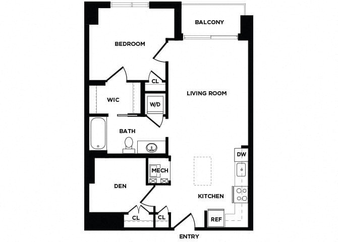 Floor plan for 1 bed, 1 bath, 804 sqft