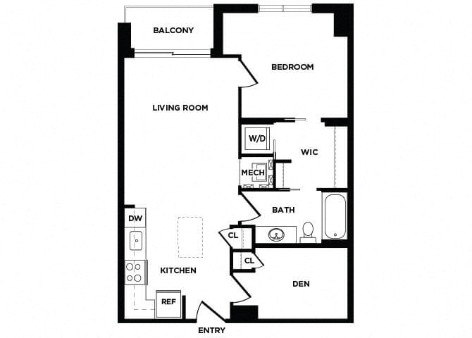 Floor plan for 1 bed, 1 bath, 804 sqft