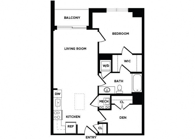 Floor plan for 1 bed, 1 bath, 813 sqft