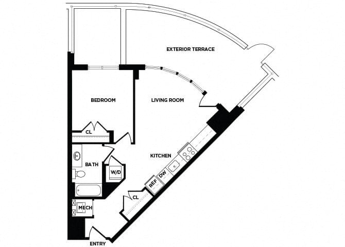 Floor plan for 1 bed, 1 bath, 642 sqft