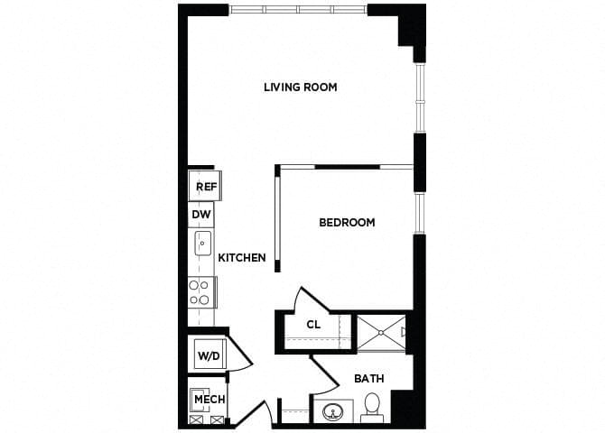 Floor plan for 1 bed, 1 bath, 653 sqft