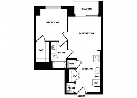 Floor plan for 1 bed, 1 bath, 666 sqft