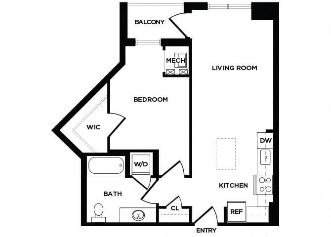 Floor plan for 1 bed, 1 bath, 677 sqft