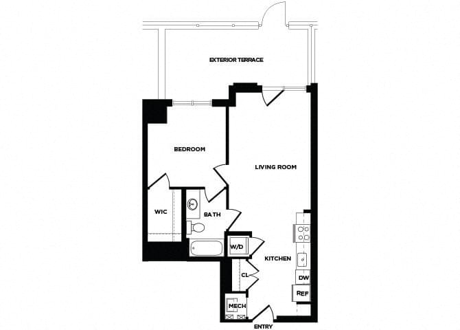 Floor plan for 1 bed, 1 bath, 687 sqft