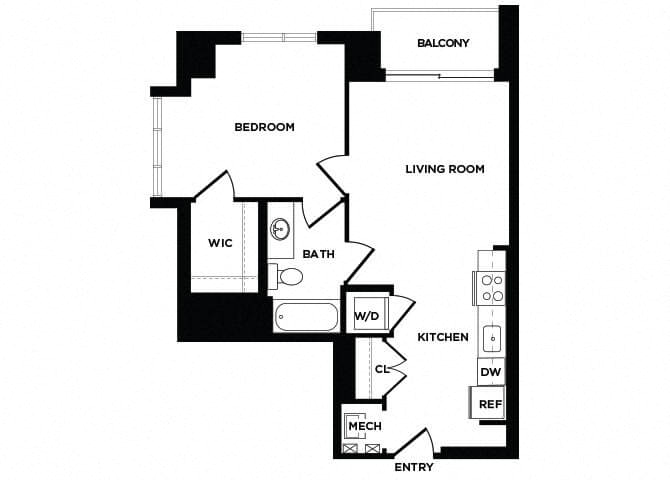 Floor plan for 1 bed, 1 bath, 696 sqft