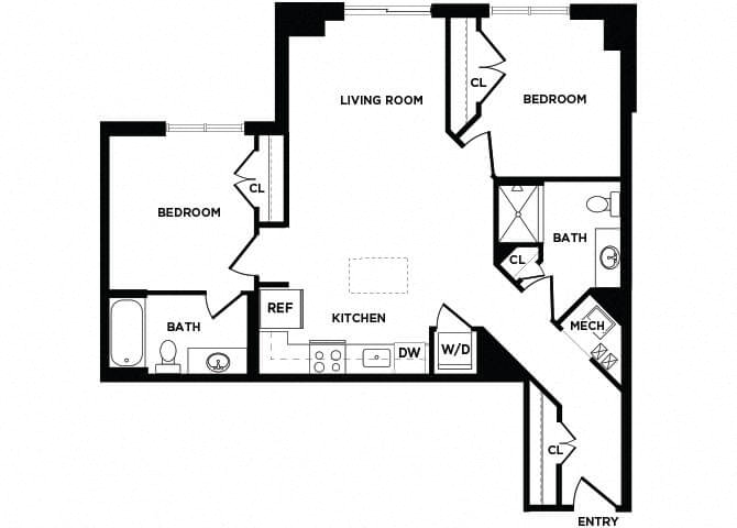 Floor plan for 2 beds, 2 baths, 945 sqft