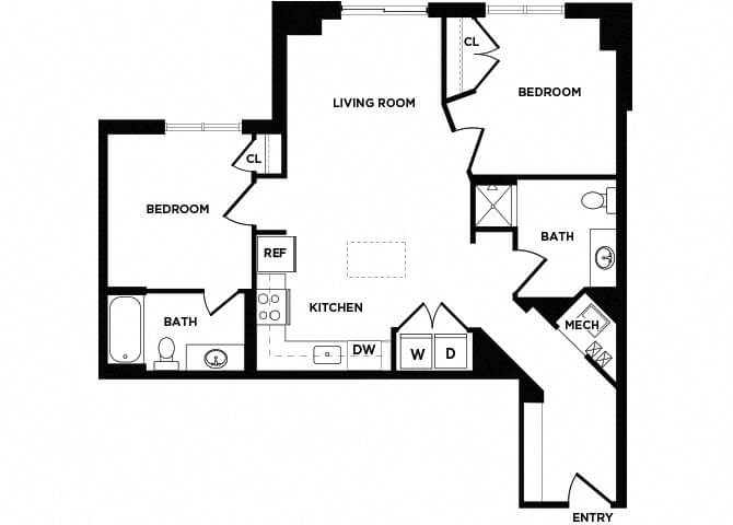 Floor plan for 2 beds, 2 baths