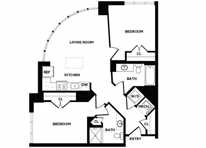 Floor plan for 2 beds, 2 baths, 945 sqft