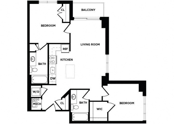 Floor plan for 2 beds, 2 baths, 1002 sqft