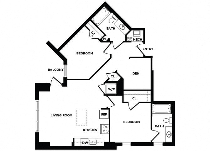 Floor plan for 2 beds, 2 baths, 1046 sqft