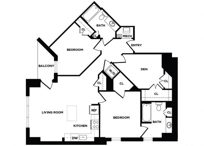 Floor plan for 2 beds, 2 baths, 1119 sqft