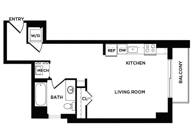 Floor plan for studio, 1 bath, 595 sqft