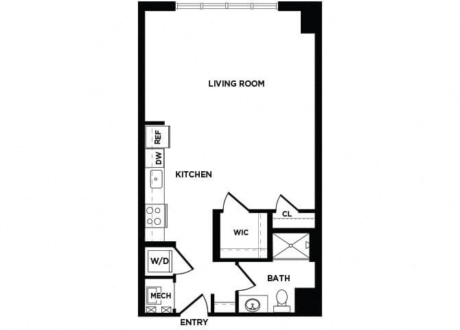 Floor plan for studio, 1 bath, 643 sqft