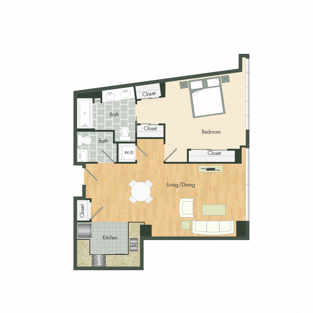 Floor plan for 1 bed, 1.5 baths, 752 sqft