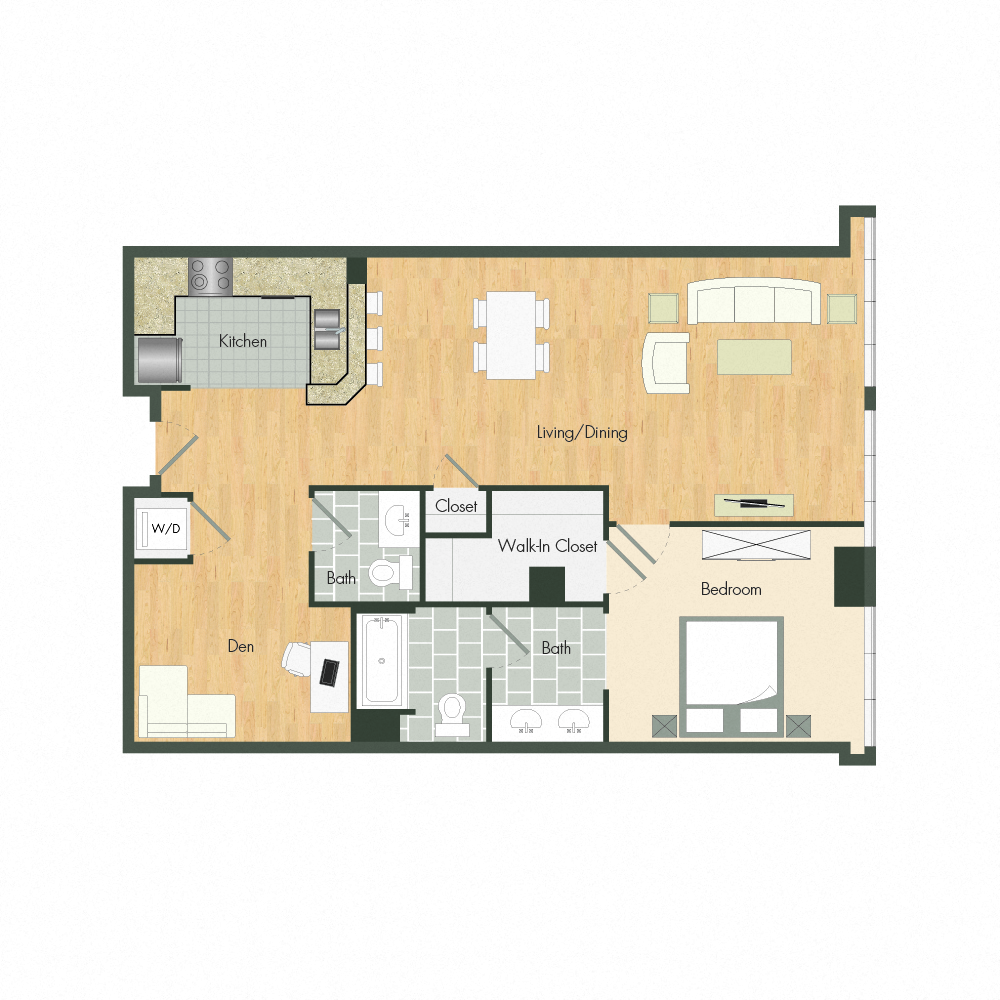 Floor plan for 1 bed, 1.5 baths, 955 sqft