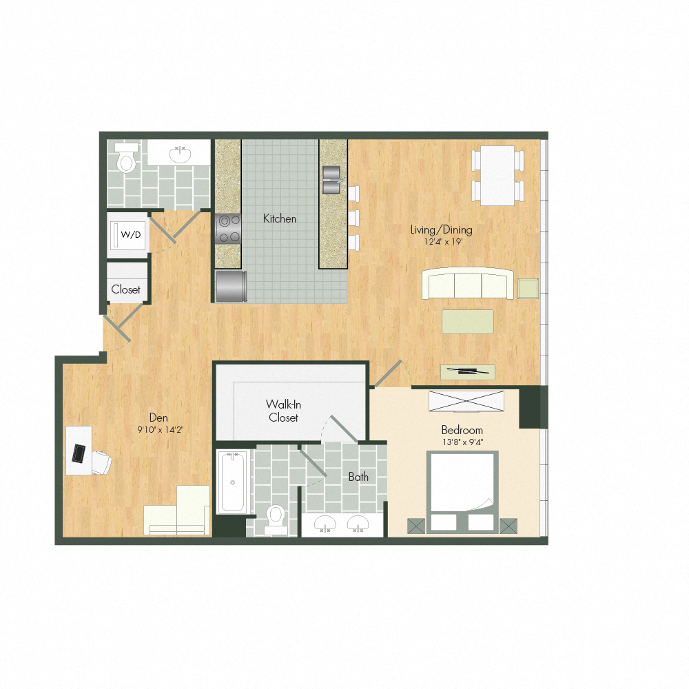 Floor plan for 1 bed, 1.5 baths, 1008 sqft