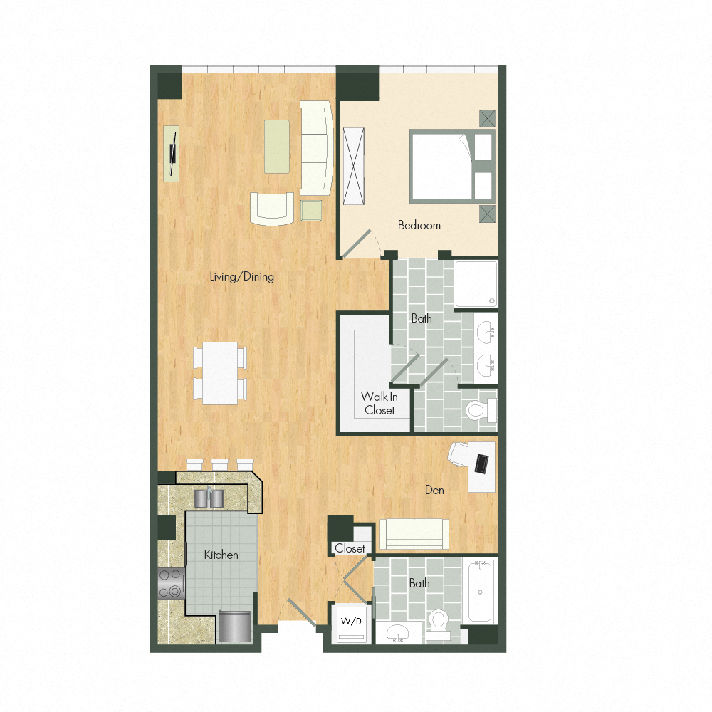 Floor plan for 1 bed, 2 baths, 1100 sqft