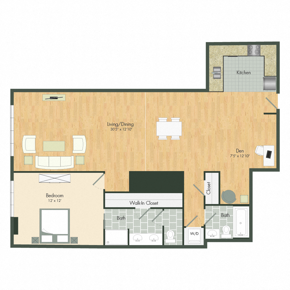 Floor plan for 1 bed, 2 baths, 1202 sqft