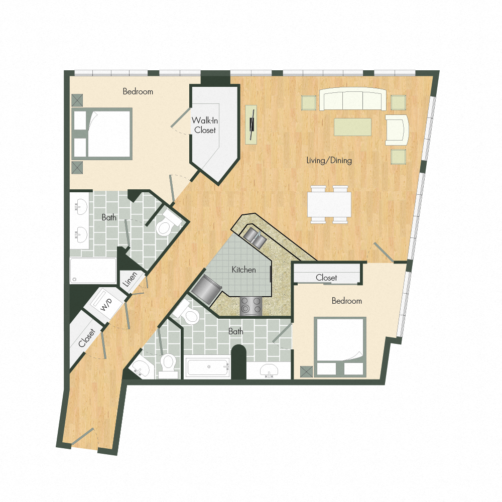 Floor plan for 2 beds, 2.5 baths, 1228 sqft