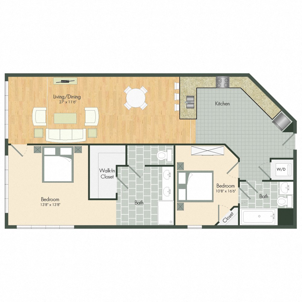 Floor plan for 2 beds, 2 baths, 1281 sqft