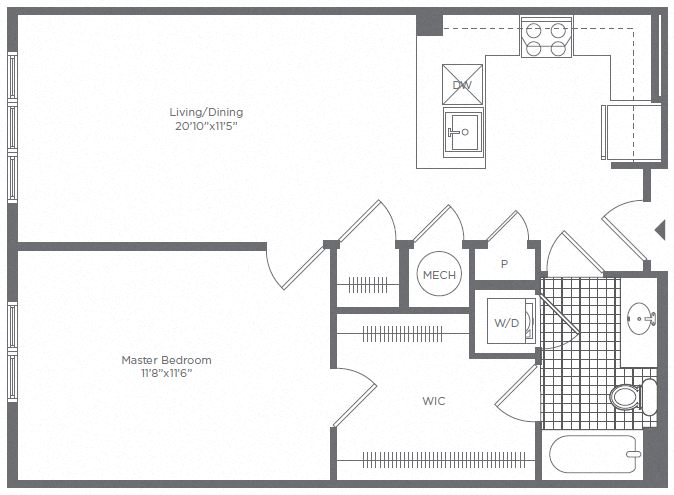 Floor plan for 1 bed, 1 bath, 777 sqft